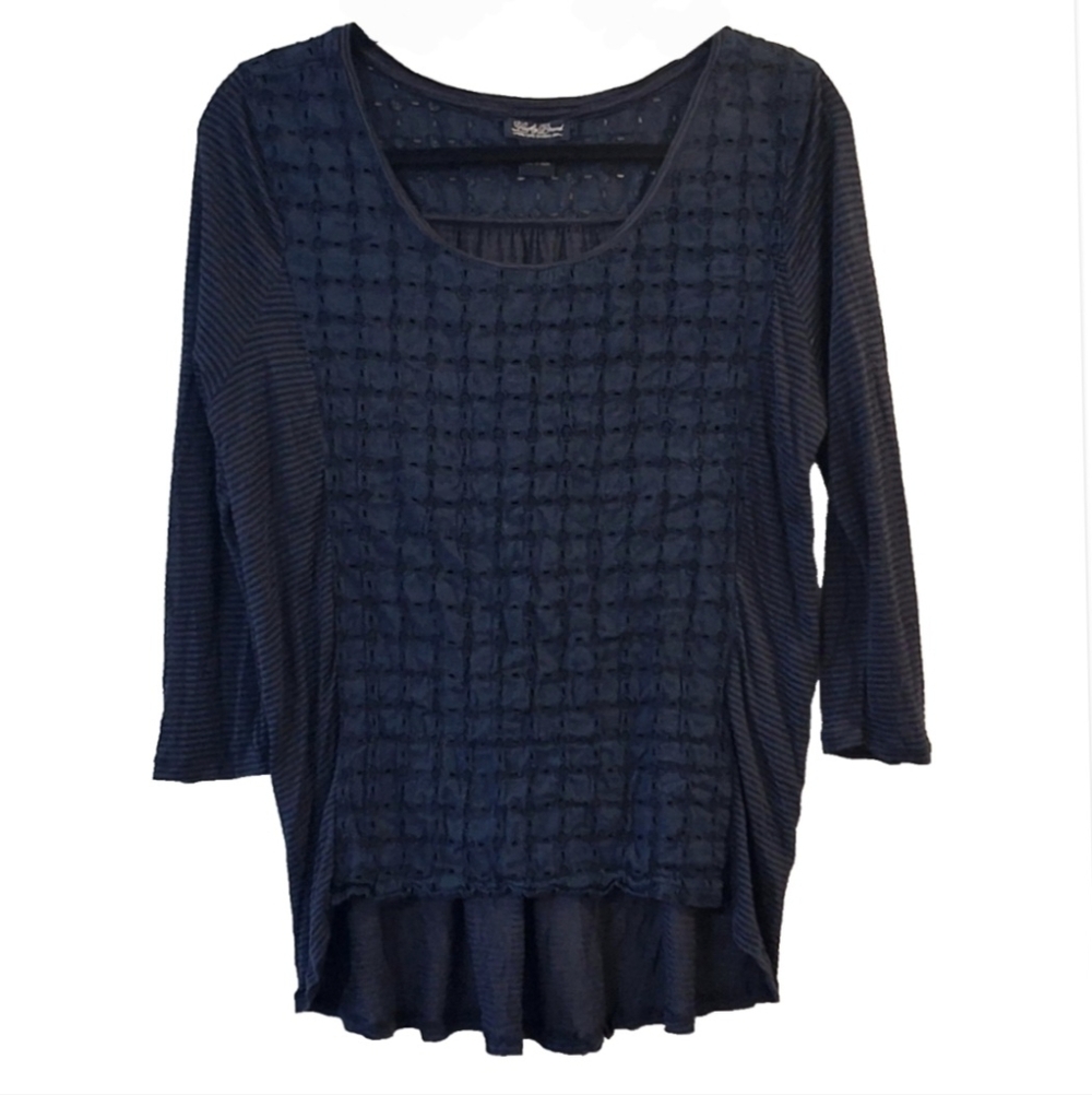 Lucky Brand  3/4 Sleeve Shirt Women's XL Navy Crochet Hi Low Top Boho Casual Y2K